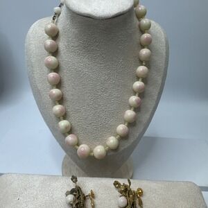 Vintage Miriam Haskell Necklace Brooch  & Earrings Set Pink Glass/Gold Tone Rare
